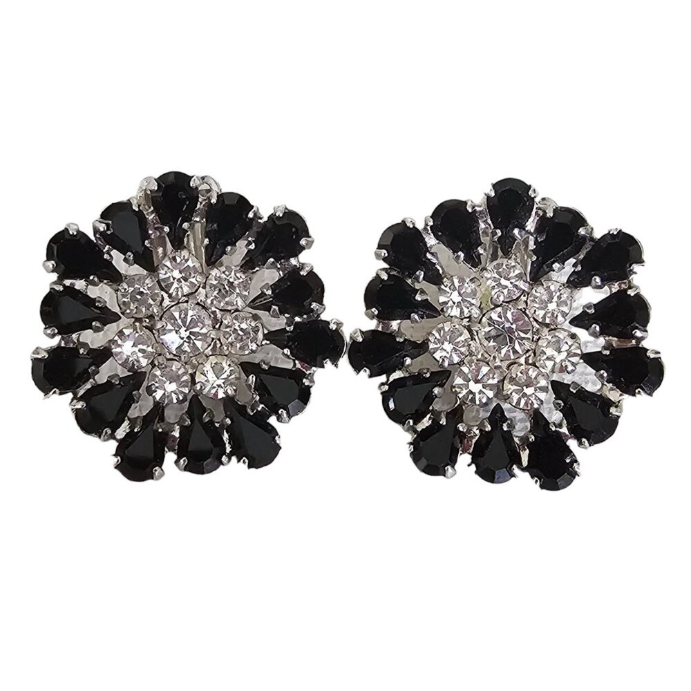 B David Black Clear Prong Set Rhinestone Round Flower Clip Earrings, Signed L76